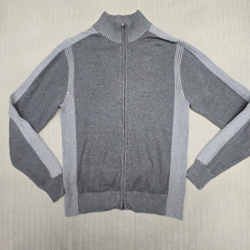 BKE Sweater Mens Large Gray Full Zip Mock Neck Cotton Knit Athletic Fit